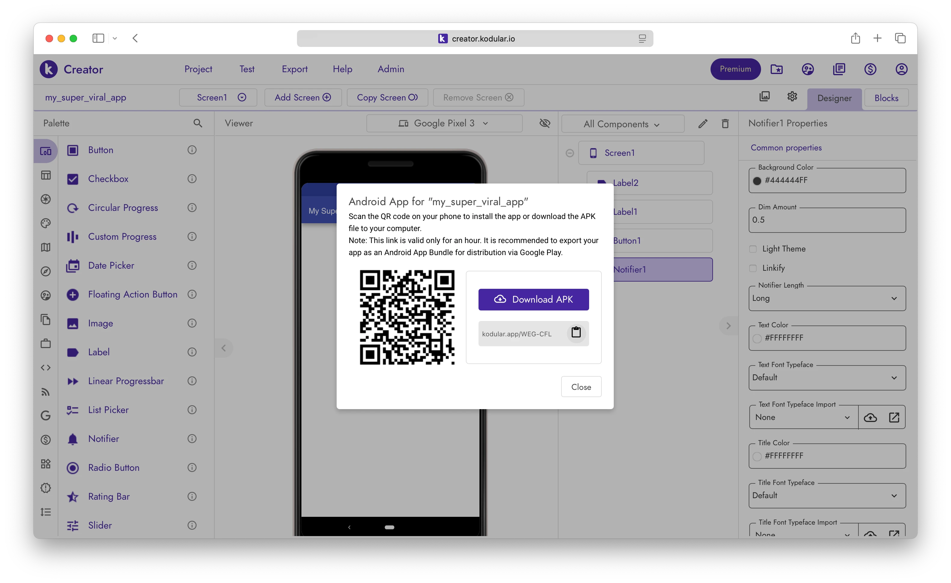 Kodular Creator - APK build and export interface
