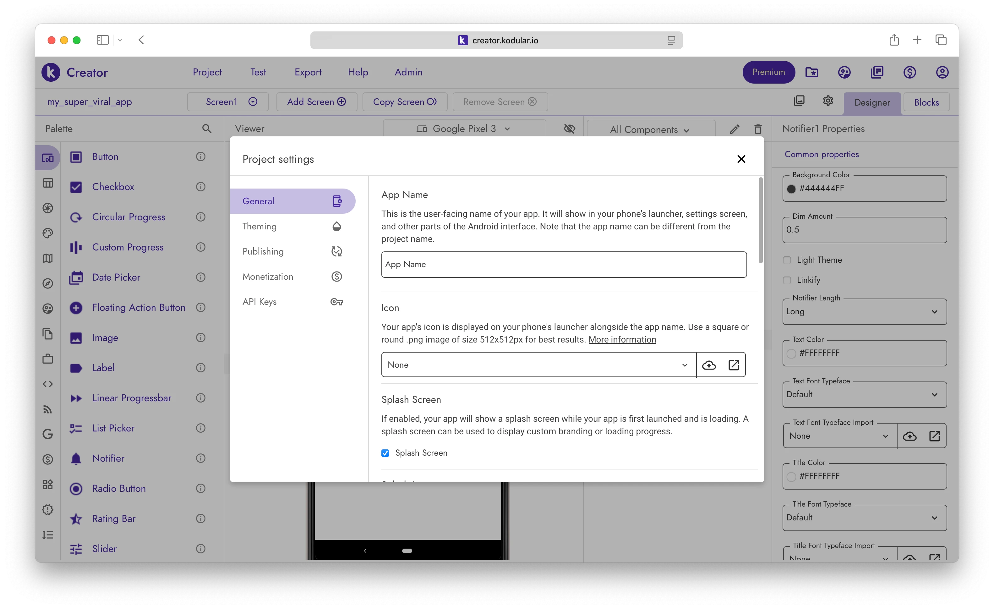 Kodular Creator - Project settings configuration